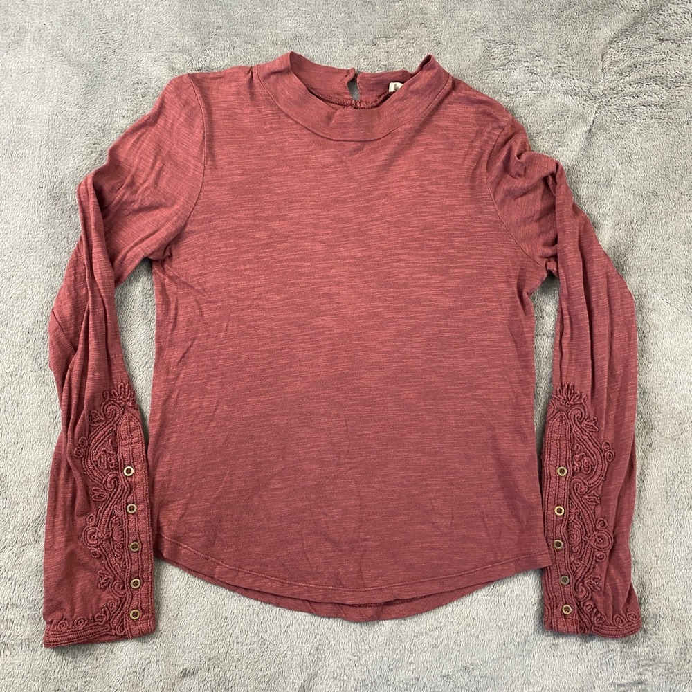 We The Free Top Hooked On You Cuff Blouse Women XS Burgundy Long Embroidery Boho